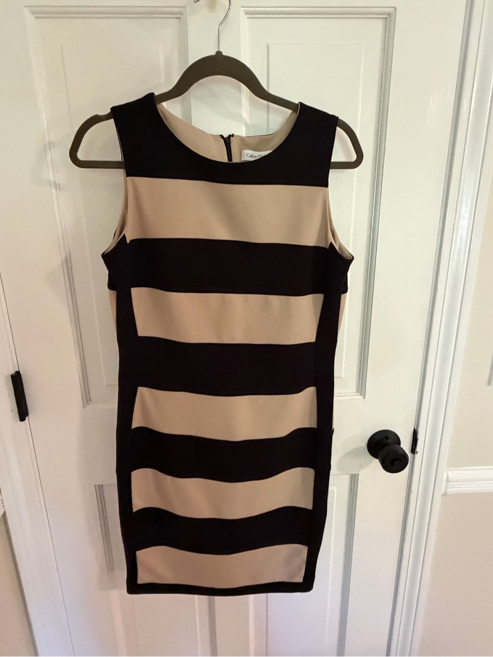 Calvin Klein Black and Beige Horizontal Stripe Sleeveless Mini Dress